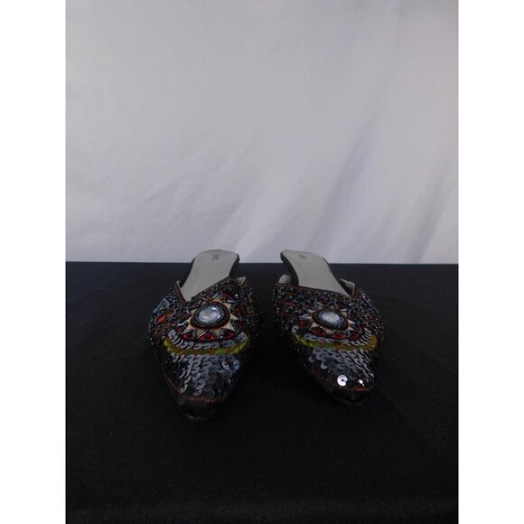 M.P.S Black Sequin Beaded Mule Heels 9 - Kitten Heel Party Slip-On - Excellent - Picture 4 of 8